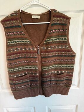 Roolee Brown Zip-Up Fair Isle Knit Vest with Green & Cream Accents